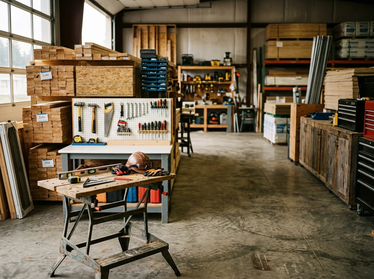 Construction site with framing materials, tools, and building supplies organized for a residential project.