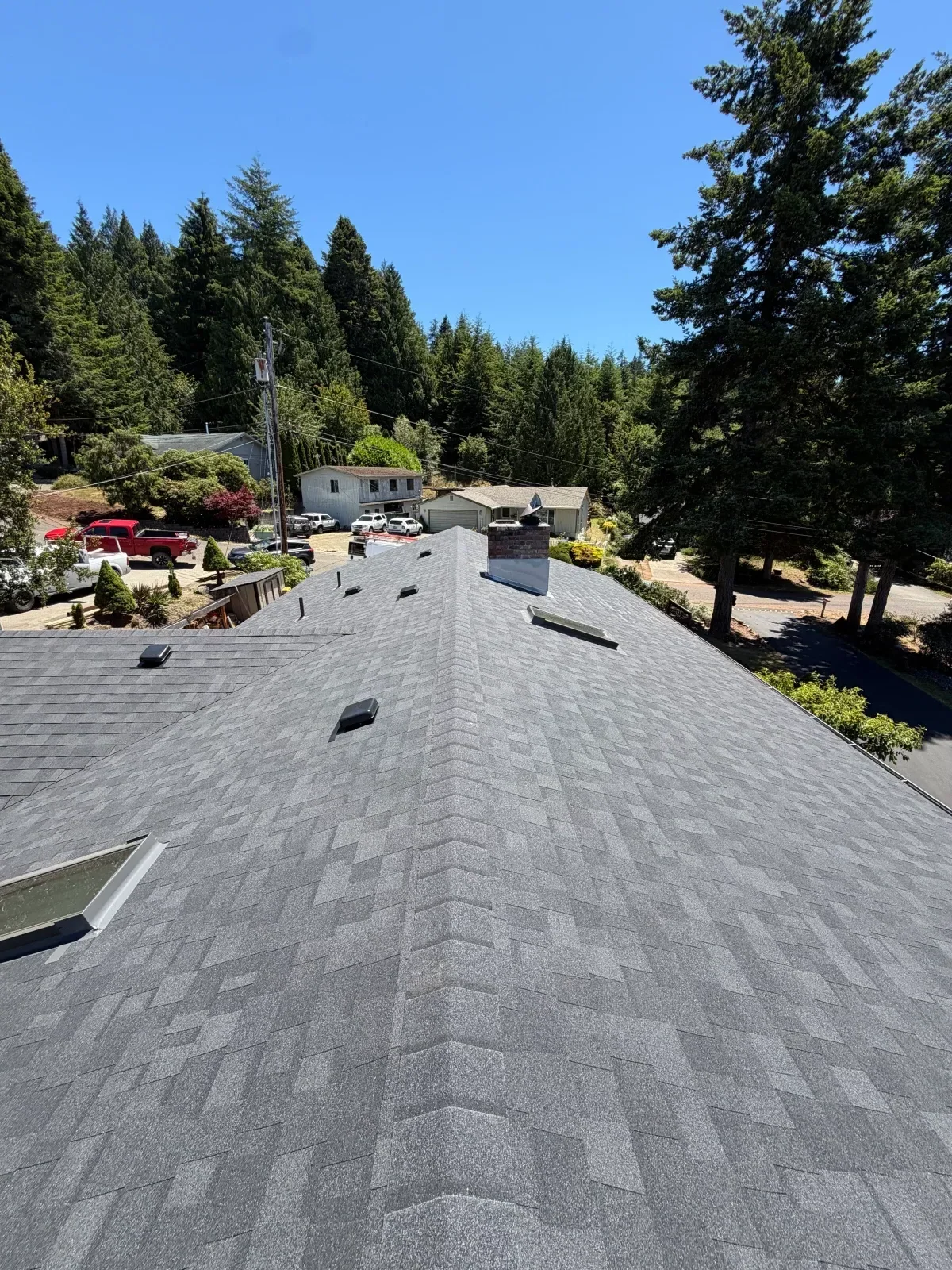 Dimensional gray architectural asphalt shingle roof with roof vents and a skylight on a steep residential roof