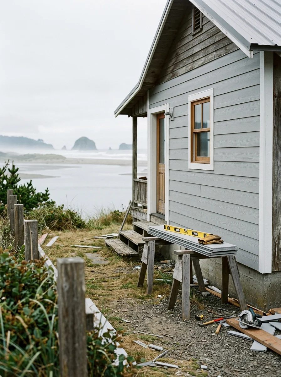 New fiber cement siding being installed on a beach cottage in Bandon, Oregon, with the Coquille River estuary visible nearby.