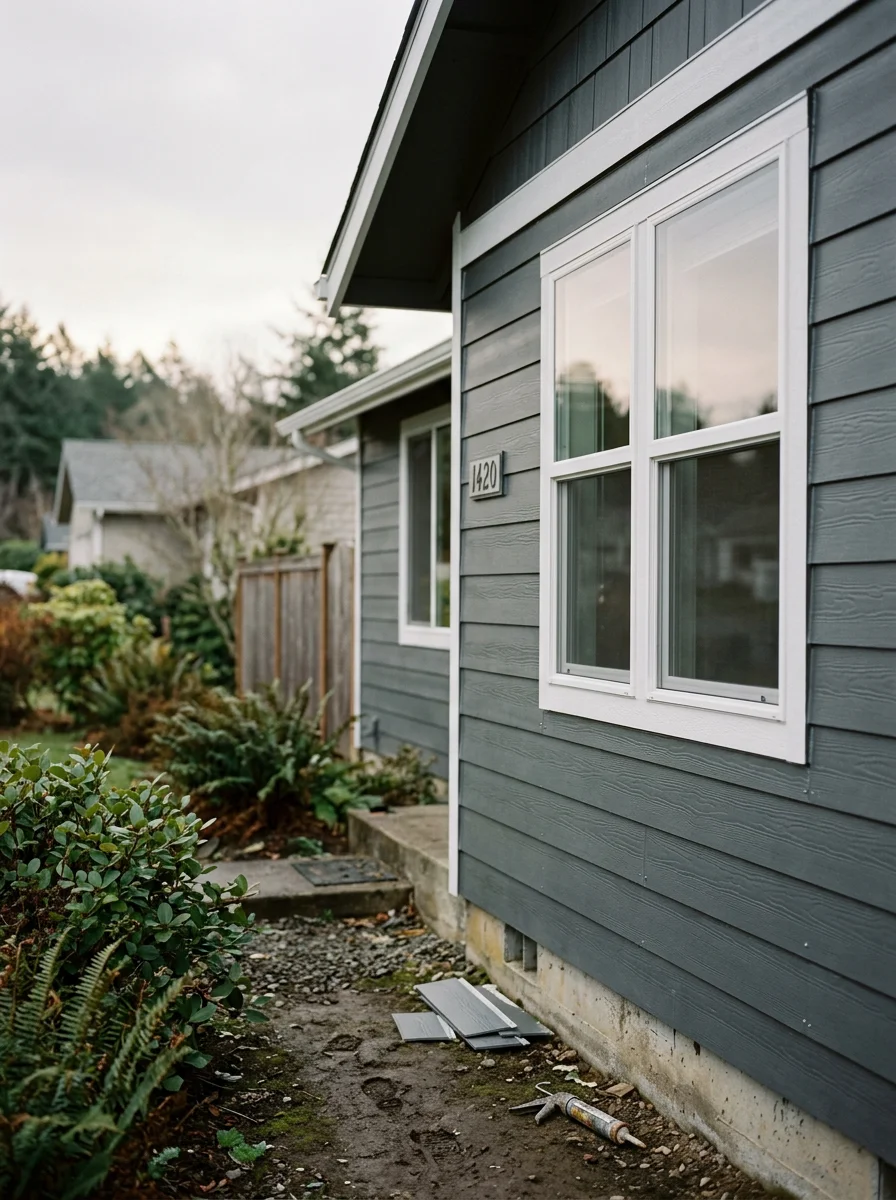 Freshly installed fiber cement siding on a ranch-style home in Coos Bay, Oregon, with new windows and trim visible on the exterior.