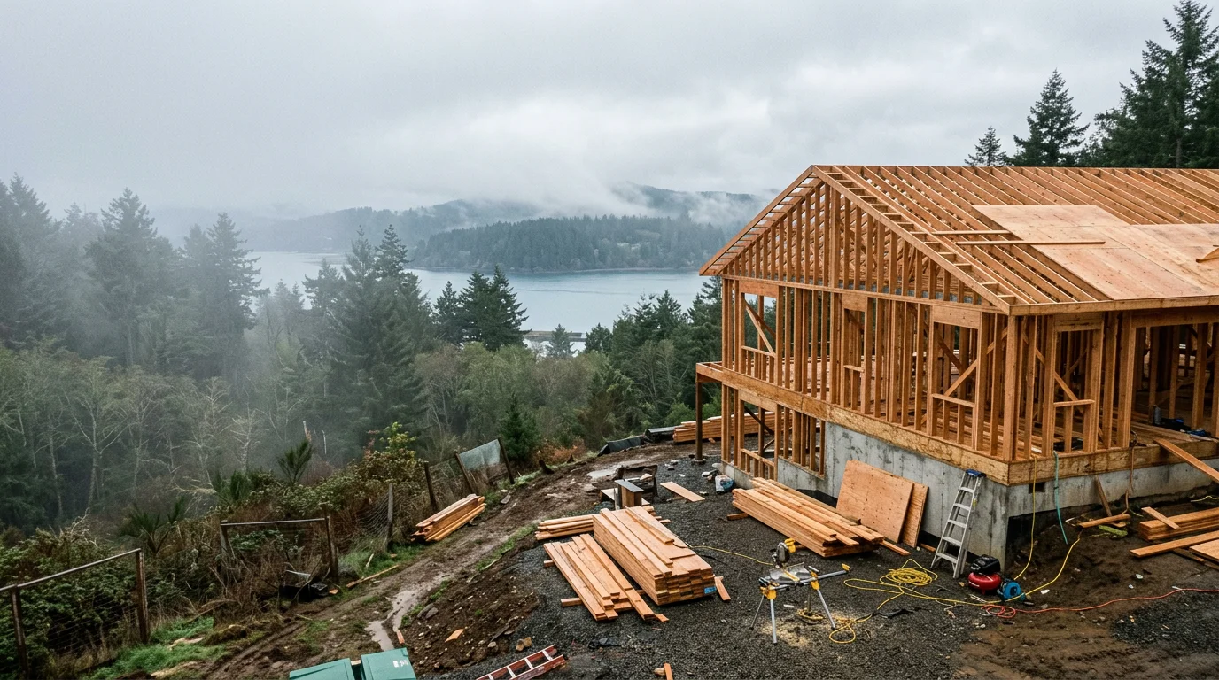 Framed new home construction on a residential lot in Coos Bay, Oregon, with the bay visible in the background and coastal fog in the distance.