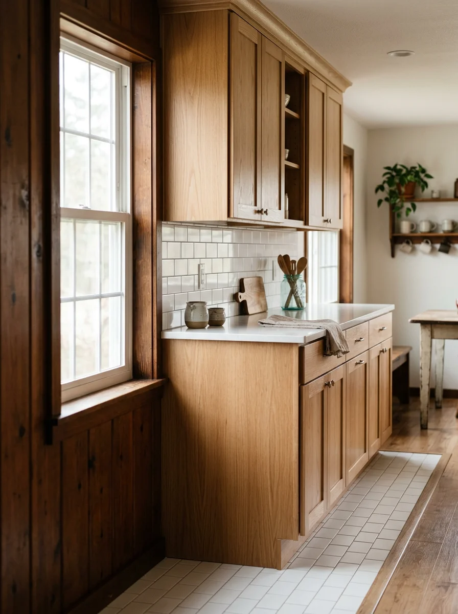 New kitchen cabinets and tile flooring installed during a remodel inside a 1960s cottage in Coquille, Oregon.
