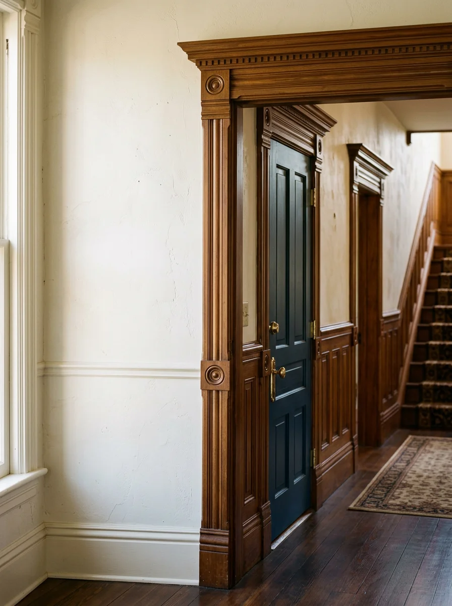New interior trim and door installation inside a Victorian-era home in Myrtle Point, Oregon, showing restored millwork details in a remodeled hallway.