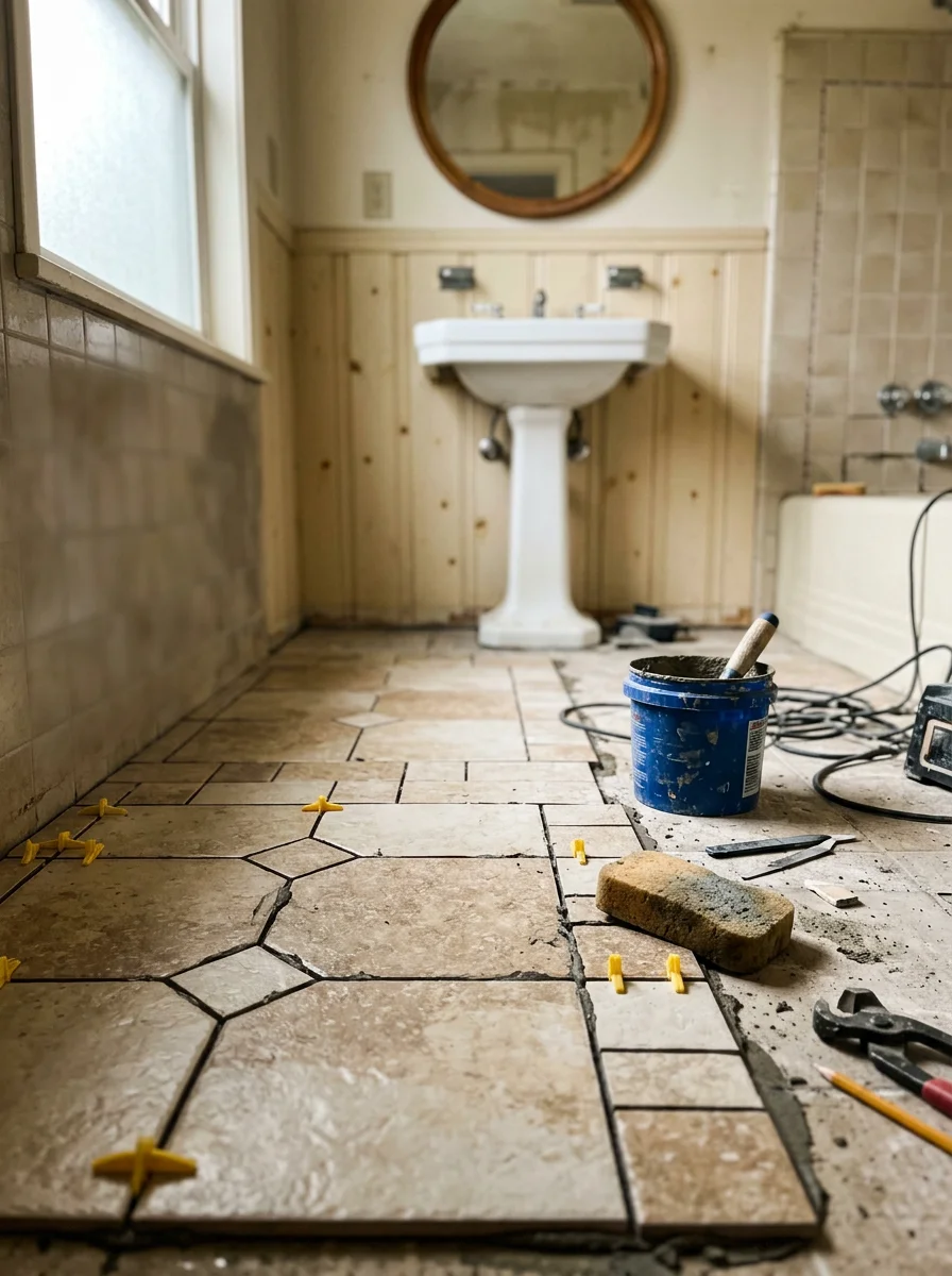 New tile flooring being installed in a bathroom remodel inside a mid-century home in North Bend, Oregon.