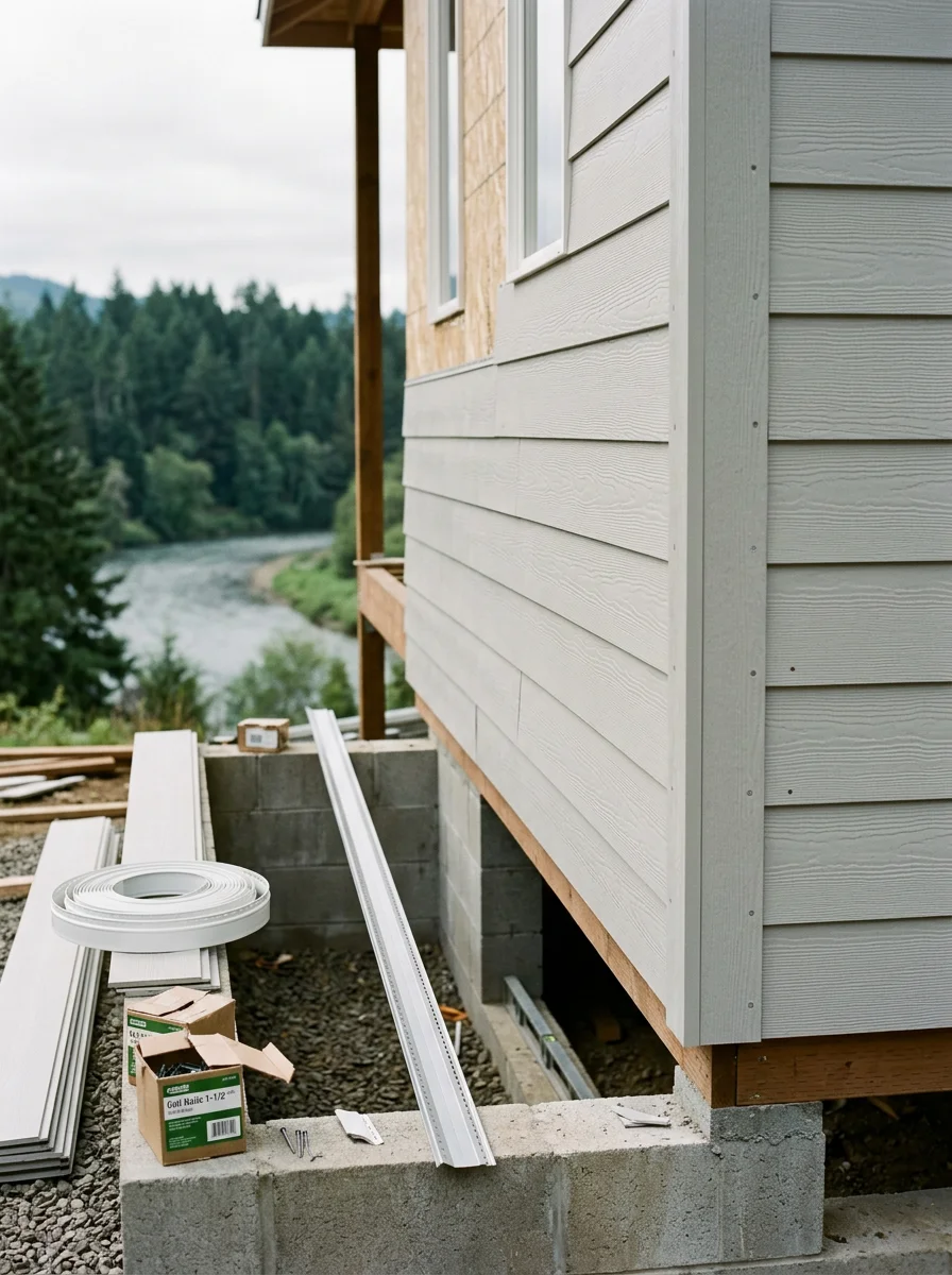 New siding installation on the lower courses of an elevated residential home in Reedsport, Oregon, with the river corridor visible nearby.