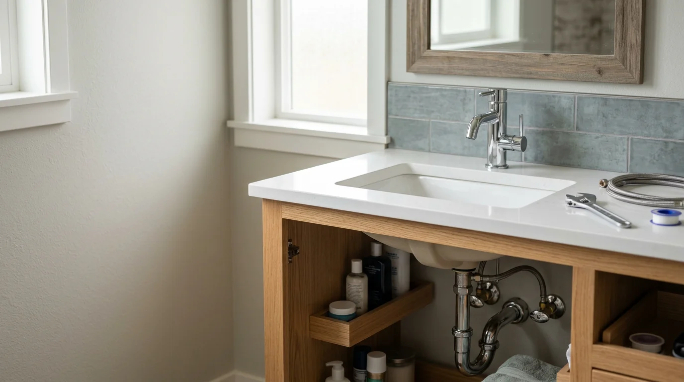 Newly installed bathroom sink faucet and vanity fixture in a residential bathroom in Coos Bay, Oregon. The hardware is fully fitted and ready for use, showing clean connections at the supply lines and drain.