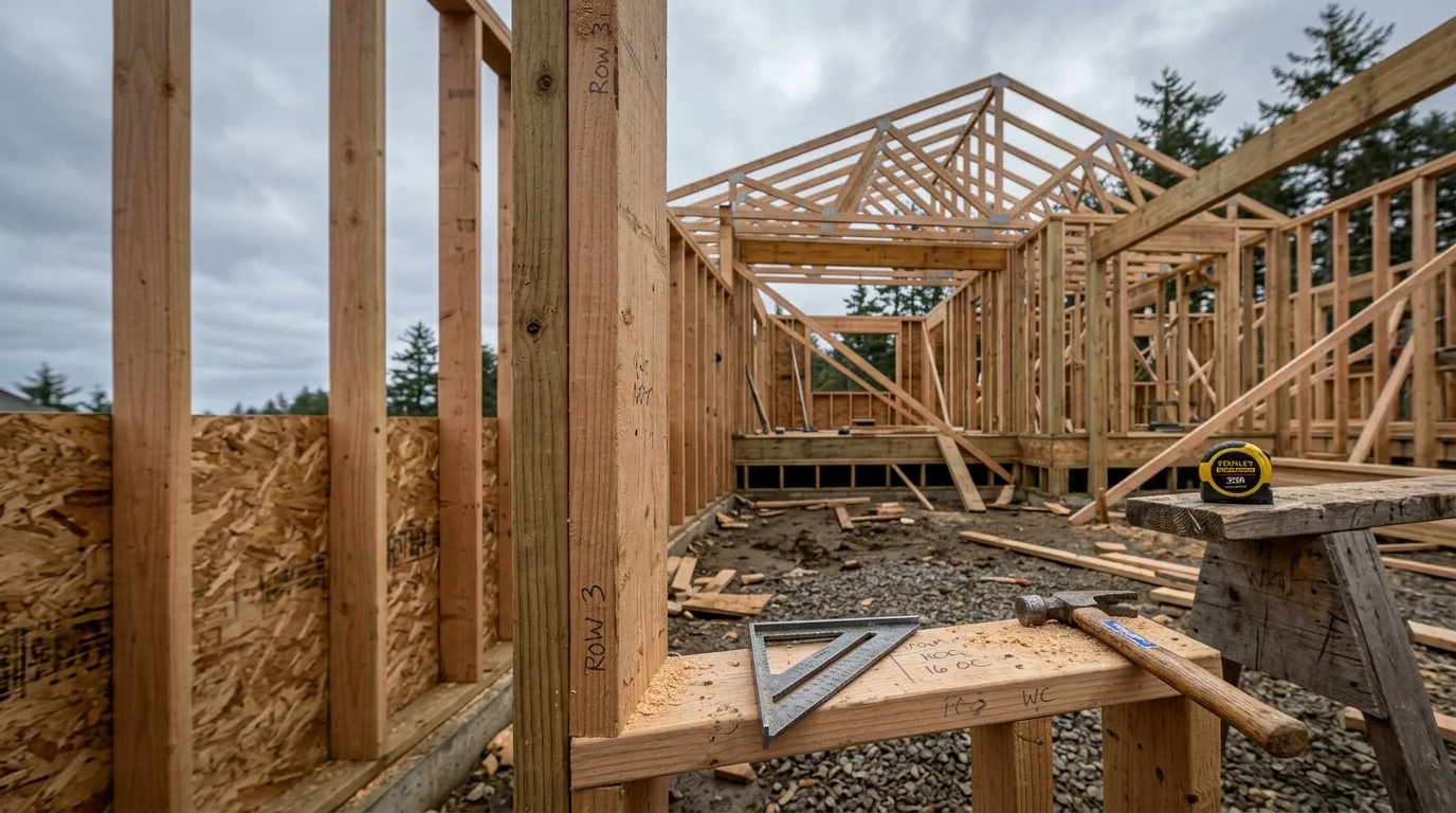 Wood wall framing in progress on a residential structure in Coos Bay, Oregon, showing vertical studs, horizontal plates, and window rough openings under a coastal sky. A general contractor frames the exterior walls of a home near the Oregon coast, with stacked lumber and framing hardware visible on site.