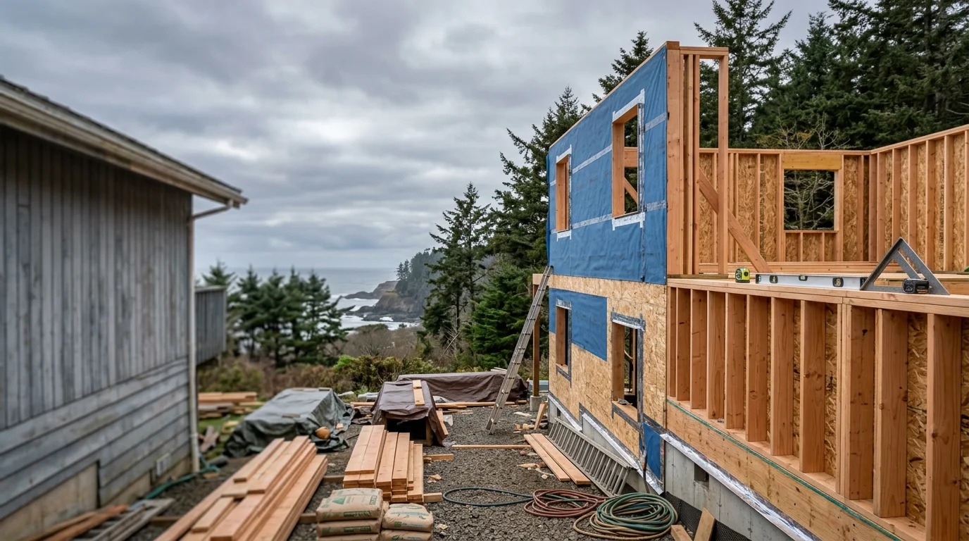 A newly completed home addition on a single-family home in Coos Bay, Oregon, showing framed exterior walls and fresh siding that match the existing structure. The addition extends the rear of a mid-century ranch-style home on a residential street along the South Coast.