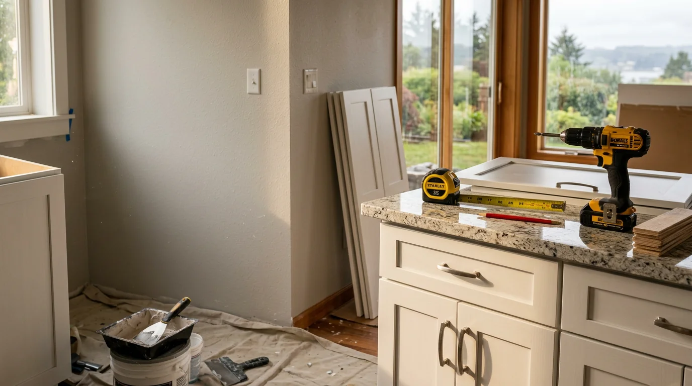 A remodeled interior living space in a Coos Bay, Oregon home showing updated walls, flooring, and trim work completed by Double Edge Construction LLC. The finished room reflects a clean, practical renovation suited to coastal Oregon housing.