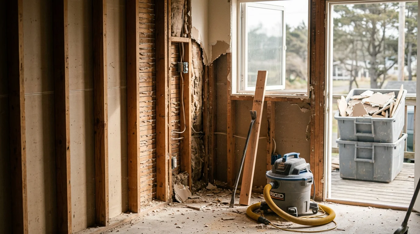 Interior demolition in progress inside a Coos Bay home, with wall framing exposed and debris cleared from the floor. A general contractor work site showing selective removal of drywall and cabinetry in preparation for remodeling.