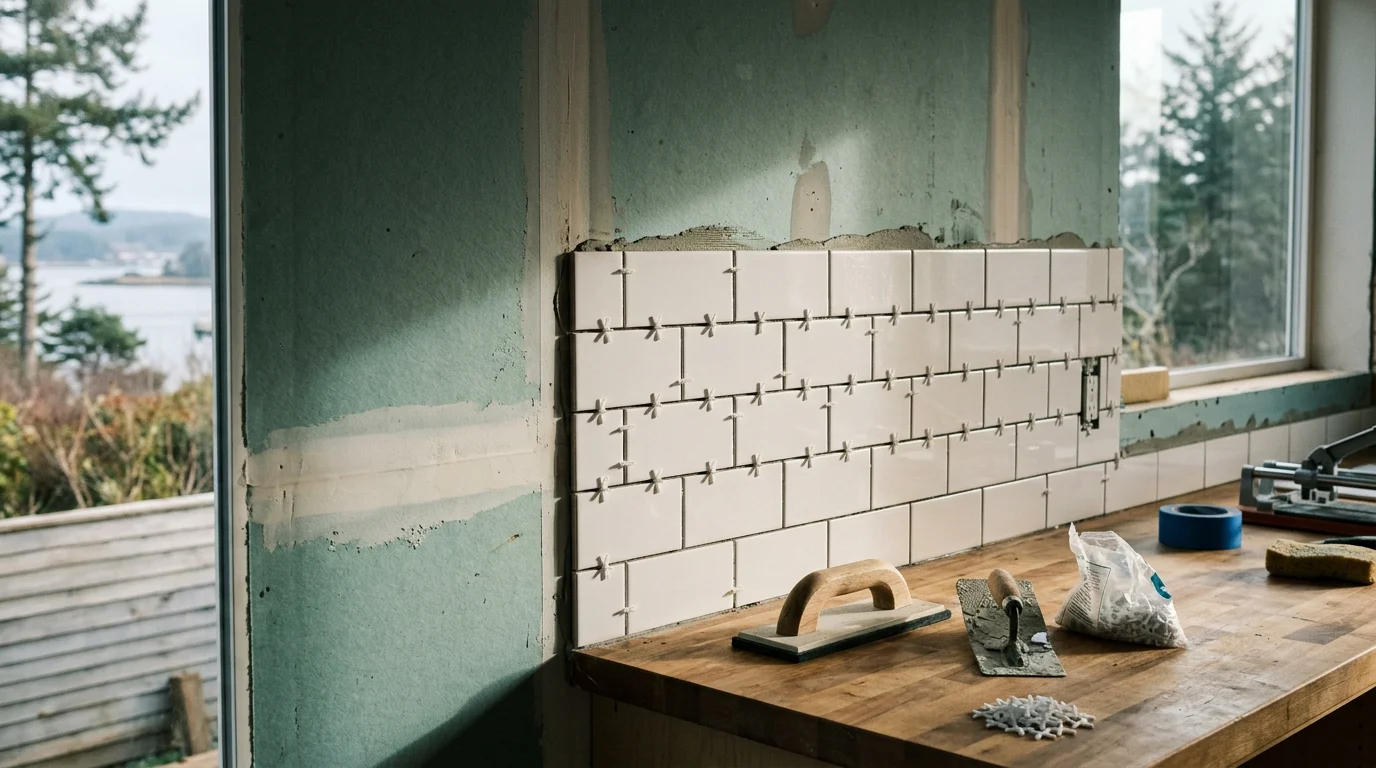 Freshly installed kitchen tile backsplash behind a stove in a Coos Bay, Oregon home, showing clean grout lines and even tile spacing against painted cabinetry.