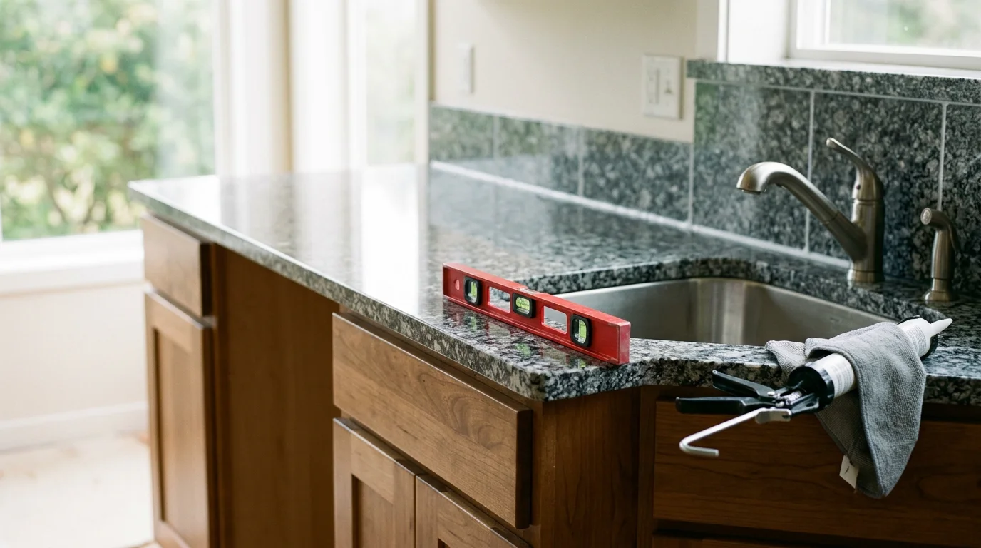 Newly installed kitchen countertop in a Coos Bay, Oregon home, showing a clean surface fit flush against the cabinets with a finished edge around the sink cutout.