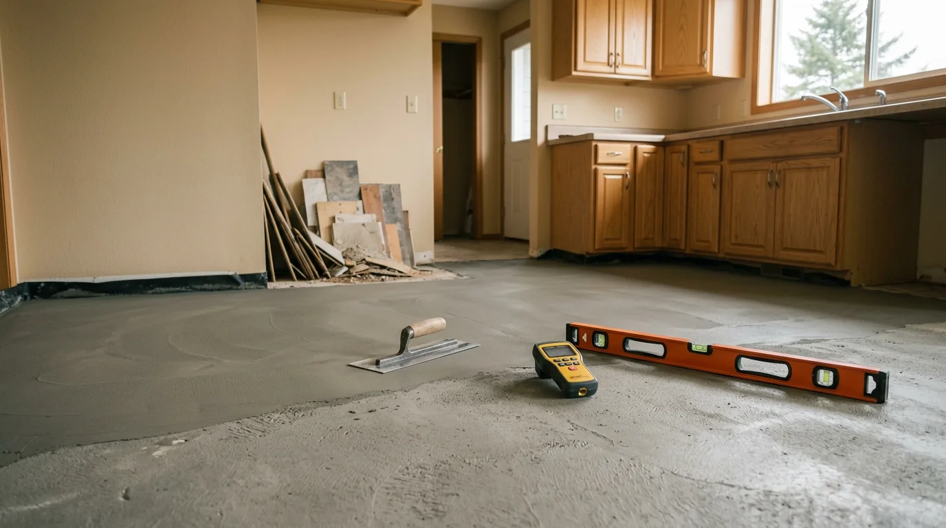 Freshly installed kitchen flooring in a single-family home in Coos Bay, Oregon, showing clean edges and a smooth finished surface. The kitchen floor runs wall to wall with tight seams and a consistent finish throughout the room.