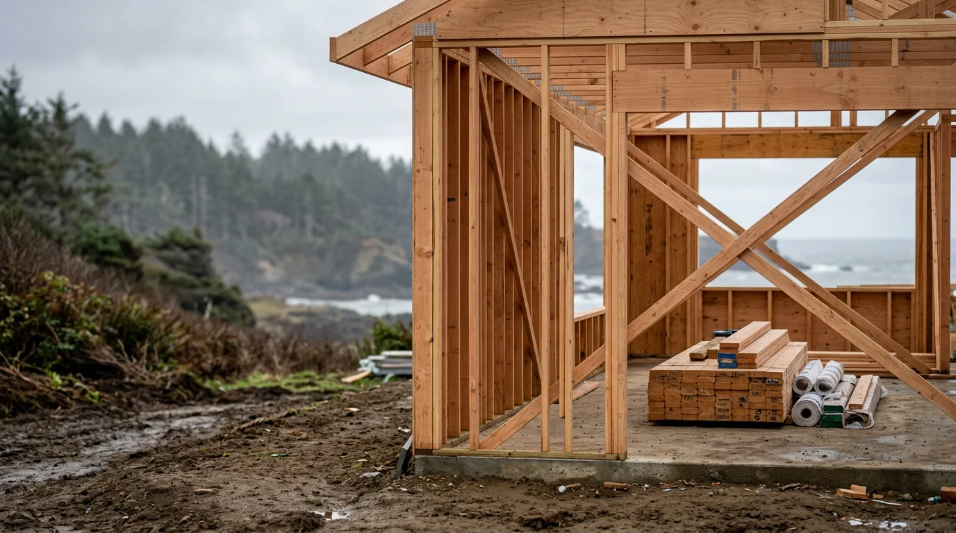 A newly constructed single-family home on the Oregon coast near Coos Bay, showing completed exterior framing and siding against a backdrop of coastal trees. The home sits on a prepared residential lot in the Coos Bay area.
