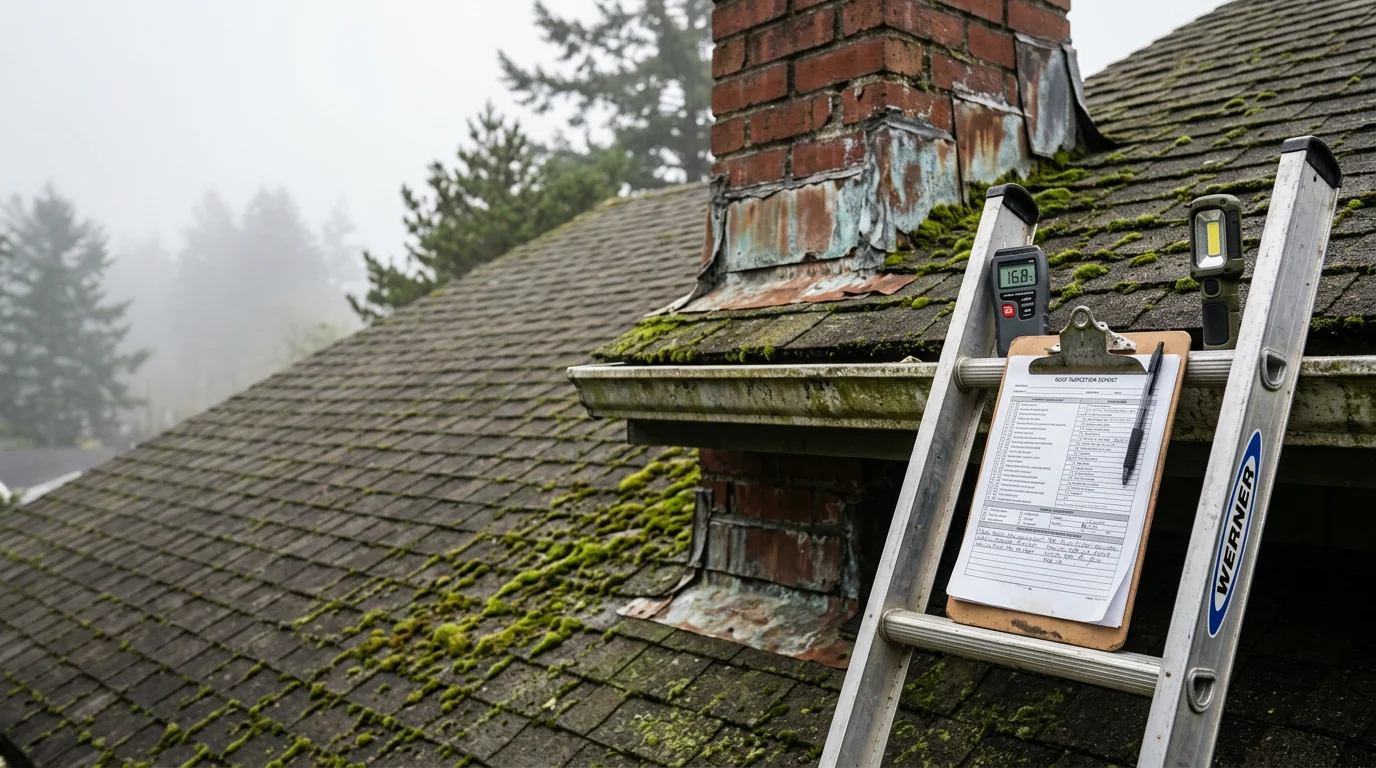 A roofing contractor from Double Edge Construction LLC inspecting shingles and flashing on a residential roof in Coos Bay, Oregon. The coastal setting is visible in the background, with the inspector examining the roof surface up close.