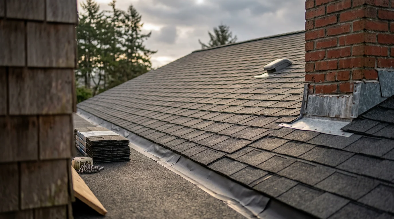 A newly installed residential roof on a single-family home in Coos Bay, Oregon, with clean ridge lines and finished flashing visible against a coastal sky. The completed installation shows a full roof system on a ranch-style home typical of the Coos Bay area.
