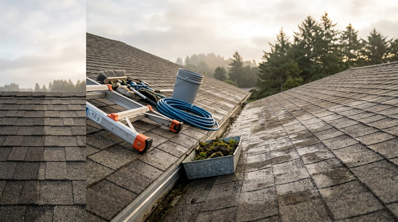 A roofing contractor performing maintenance on a residential roof in Coos Bay, Oregon, clearing moss and checking flashing on a wet coastal home. Close view of cleaned roof sections with the surrounding coastal landscape visible in the background.