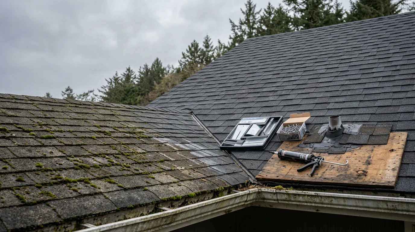 A roofing contractor repairing damaged shingles and flashing on a residential home in Coos Bay, Oregon. The coastal treeline and overcast Pacific sky are visible in the background.