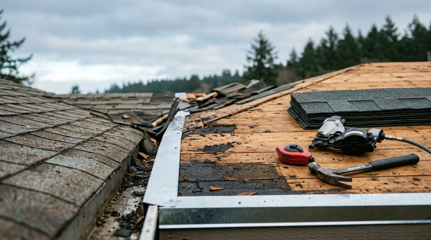 A completed roof replacement on a single-family home in Coos Bay, Oregon, showing new roofing materials and clean ridge and edge lines against a coastal sky. The finished roof sits above a mid-century residential exterior typical of the southern Oregon Coast.