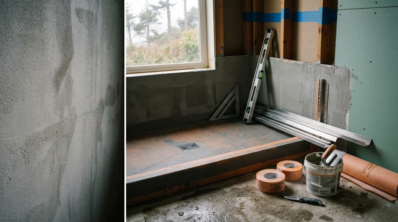 A newly installed walk-in shower with clean wall surrounds and a recessed drain in a remodeled bathroom in Coos Bay, Oregon. The finished shower shows tight seams and a smooth, water-ready surface typical of professional installation work on the Oregon coast.